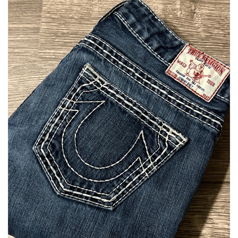 True Religion Women's Straight Leg Jeans in Dark Blue with White Stitching